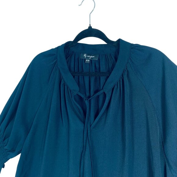 boho puff sleeve 3/4 length ruffled collar string tie blouse dark navy sz xl - Picture 4 of 15